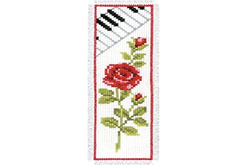 Vervaco Cross Stitch Embroidery Kit for Adults, Cross Stitch Set Pre-printed with Embroidery Design on 100% Cotton Fabric, Embroidery Templates 2,4 x 8 Inches - 6 x 20 cm, Bookmark Kit, Rose with Piano