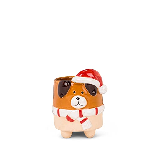 Abbott Collection  27-CRITTER-971-SM Small Dog with Santa Hat Planter, Brown