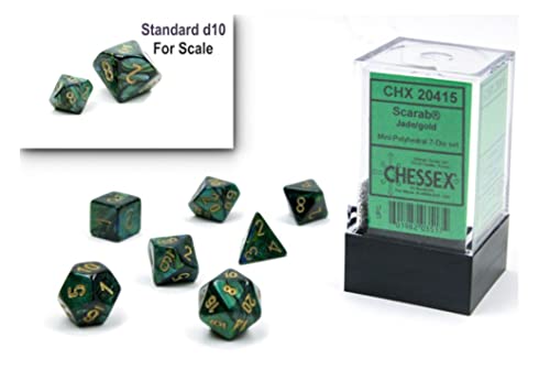 Chessex Dice Set ‚Äì 10mm Scarab Jade/Gold Green Plastic Polyhedral Dice Set ‚Äì Dungeons and Dragons D&D DND TTRPG Dice ‚Äì Includes 7 Dice - D4 D6 D8 D10 D12 D20 D% (CHX20415)