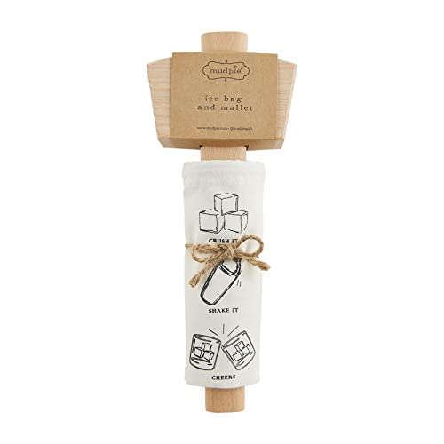 Mud Pie 48600149 Bar Ice Set, mallet 12 1/2" | bag 7 1/2" x 7", Tan