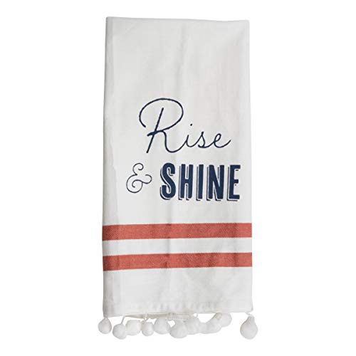 Foreside Home & Garden White Rise and Shine 27 x 18 Inch Screen Printed Kitchen Tea Towel with Hand Sewn Poms