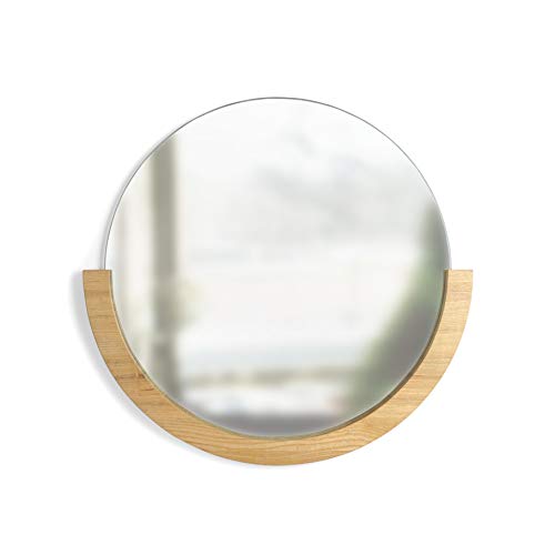 Umbra Mira Wall Mirror, Decorative Mirror for Entryway, Circular Mirror with Wood Frame on the Bottom Half, Natural Finish