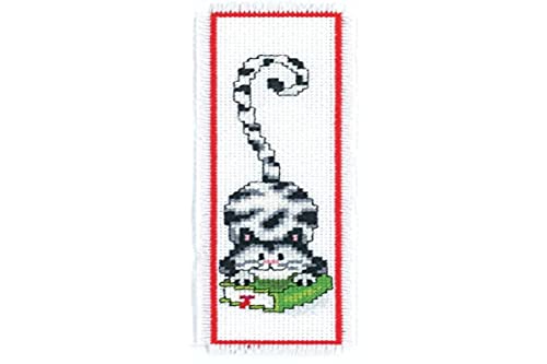 Vervaco Cross Stitch Embroidery Kit for Adults, Cross Stitch Set Pre-Printed with Embroidery Design on 100% Cotton Fabric, Embroidery Templates 2,4 x 8 Inches - 6 x 20 cm, Bookmark Kit, Cat & Book