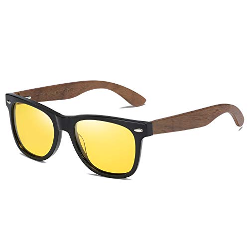 DUCO Polarized Driving Handmade Walnut Wooden 100% UV 400 Protection Sunglasses for Men 2141 (Yellow Lens Walnut Temple)