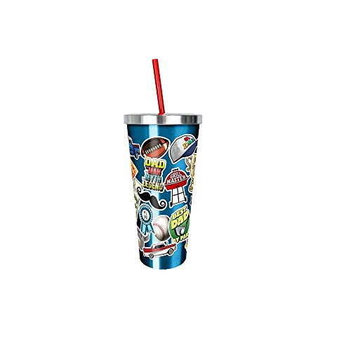 Spoontiques - Stainless Steel Cup - 24 oz Double Wall Insulated Drinkware with BPA Free Acrylic Lining - Twist Lock Lid with Color Coordinated Straw - Dad Sticker Art