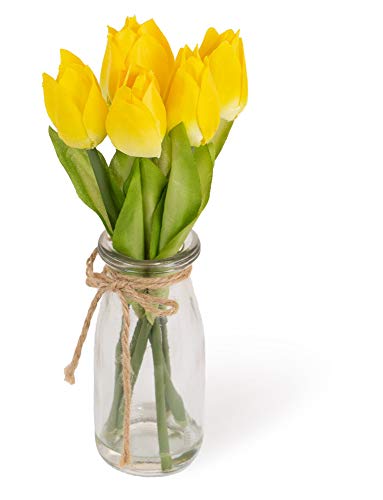 Boston International Decorative Faux Tulip Flowers in Glass Jar Vase, Yellow