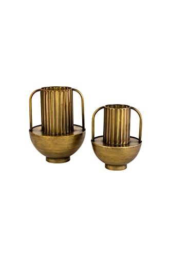 Kalalou CBB1125 Antique Brass Finish Vases with Handles, 12-inch Tall, Metal, Set of 2