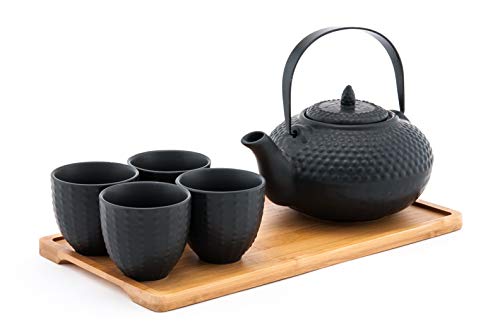 FMC Fuji Merchandise Ceramic Teapot with Stainless Steel Infuser and Metal Handle 26 fl ounce and Four Tea Cups with Bamboo Serving Tray Tea Set (Black Hobnail)