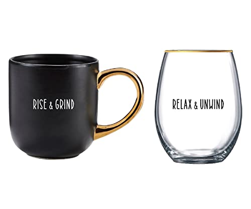Giftcraft 094780 Black Mug and Stemless Wine Glass Set with Sentiment, 10.2-inch Length, Glass and Ceramic