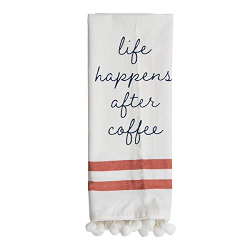 Foreside Home & Garden White Coffee 27 x 18 Inch Screen Printed Kitchen Tea Towel with Hand Sewn Poms