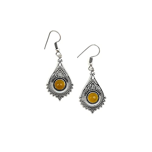 Anju Tanvi Earrings with Semiprecious Yellow Agate Stone for Women, Silver-Plated