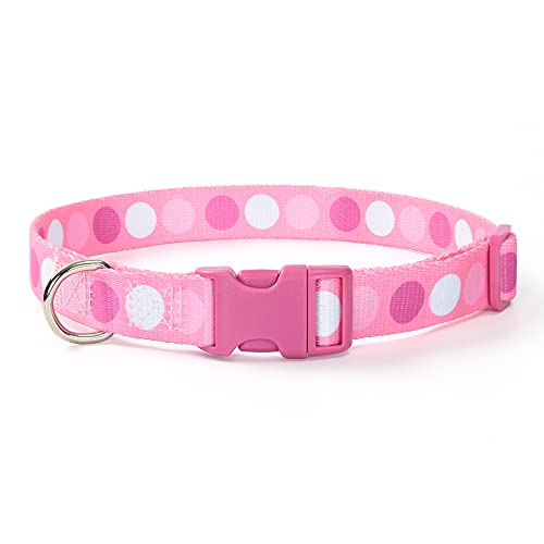 Mile High Life | Geometric Plaid Wave Line Pattern | Soft Poly Cotton Fabric | Black Buckle Dog Collar with D Ring| We Donate to Dog Rescues(Pink Big Dots, Medium)