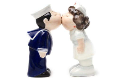 Pacific Trading Nurse and Sailor Kissing Magnetic Ceramic Salt and Pepper Shakers