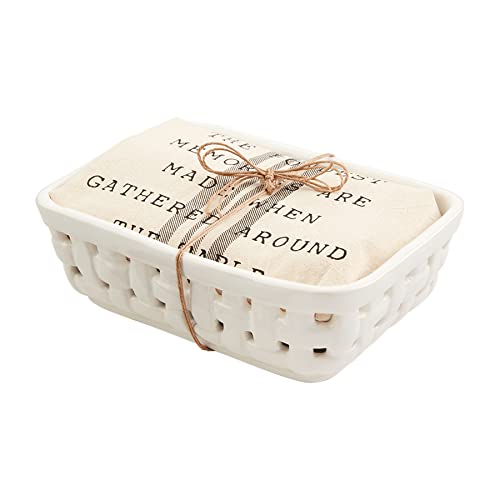 Mud Pie Ceramic Weave Serving Basket, White, Dasket 6" x 9", Towel 26" x 16 1/2"