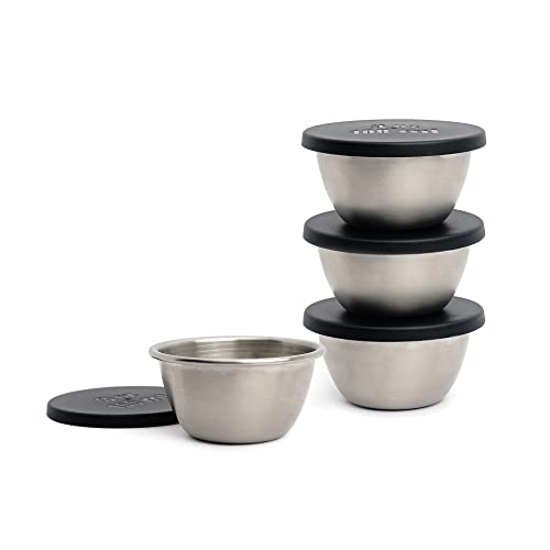 RSVP International Endurance Stainless Steel Cups, 3 oz, Set of 4 | Snug-Fitting BPA-Free Plastic Lids | for Storing Dressing, Dips, Condiments, Herbs, and Spices, Stainless