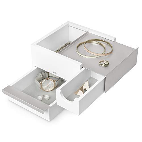 Umbra Mini Stowit Jewelry Box-Modern Keepsake Storage Organizer with Hidden Compartment Drawers for Ring, Bracelet, Watch, Necklace, Earrings, and Accessories, White/Nickel