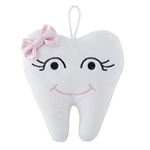 Creative Brands Stephan Baby Plush Tooth-Shaped Fairy Pillow, White with Pink Bow, 5 1/2 inch