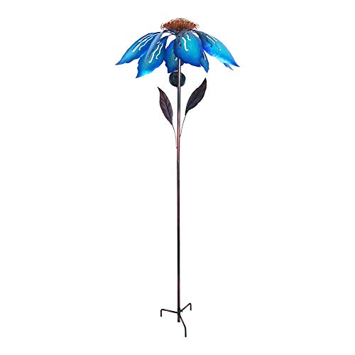 Comfy Hour Seed Soil and Yard Collection 58" Height Blue Leaves Metal Art Spinner with Solar Light Garden Stake