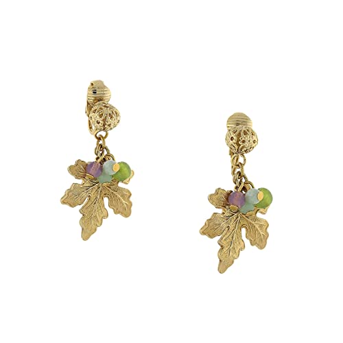 1928 Jewelry Women's 14K Gold Dipped Multi-Color Beaded Grape Leaf Clip On Earrings