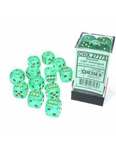 Chessex Borealis 16mm d6 Light Green/Gold Luminary Dice Block (12 dice) (27775)