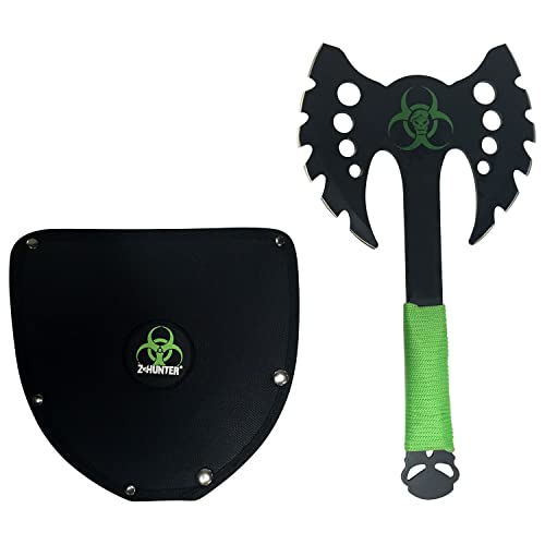 Master Cutlery Z-Hunter - Fantasy Axe - Black Stainless Steel Double Headed Axe w/Bio Hazard Graphic, Black Stainless Steel Handle with Green Cord Wrap, Full Tang, Well Balanced, Zombie Slayer - ZB-AXE12