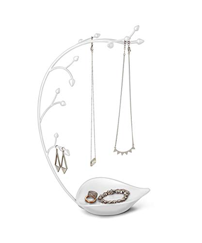 Umbra Orchid Jewelry Organizer and Necklace Holder with Built-in Dish for Rings, Earrings, and Bracelets, White