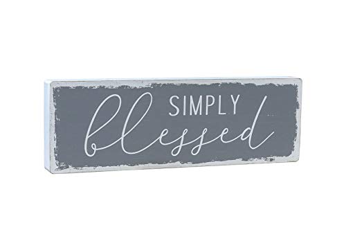 Paris Loft Simply Blessed Script Wooden Box Sign, Inspirational Wood Sign, Freestanding or Wall Hanging Decor, Farmhouse Home Decor, Gray White