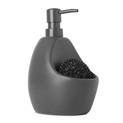 Umbra, Charcoal Joey, Matte Ceramic Liquid Soap Dispenser with Sponge Caddy, Ideal for Kitchen or Bathroom Use