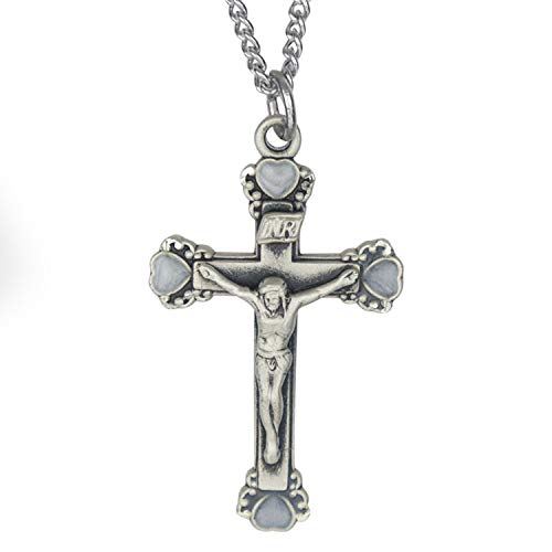 True Faith Jewelry Sterling Silver Crucifix Cross Pendant Necklace with White Heart Pearls Religious Jewelry, 1 1/8 Inch