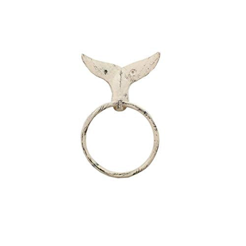Hampton Iron Whitewashed Cast Iron Whale Tail Towel Holder 7.5" - Sea Life Decor - Beach The