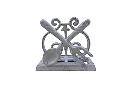 Hampton Iron HANDCRAFTED NAUTICAL DCOR Whitewashed Cast Iron Fork and Spoon Kitchen Napkin Holder 5"