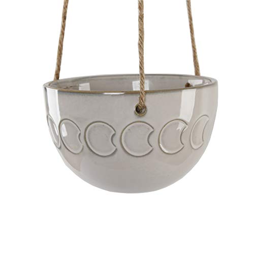 Flora Bunda 5 Inch Moon Phase White Cream Ivory Ceramic Hanging Planter Pot, 20 Long, for Small Succulents Plants houseplants Cactus air Plants, Herbs for Home Office Indoor Decorations Garden