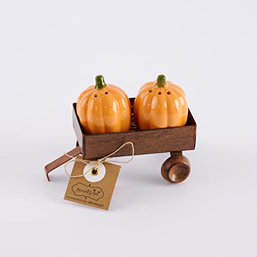 Mud Pie Great Gatherings Thanksgiving Tin Wagon Caddy Ceramic Pumpkin Salt and Pepper Shakers, 2 1/4" x 1 3/4" dia | wagon 1 1/2" x 3" x 2",Pumpkin