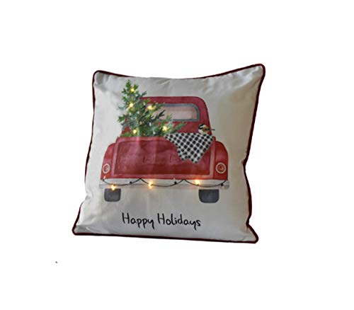 Ganz MX180024 Happy Holidays LED Light Up Pillow with Red Truck, 18-inch Square, Polyester and Poly Fill