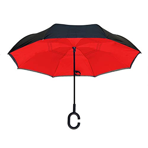 Calla Topsy Turvy Inverted Umbrella, Windproof, UV Protection, Drip-Free Inverted Design, Hands-Free Option, Comfort-Grip C-Shaped Handle and Exclusive Patterns, Black/Red