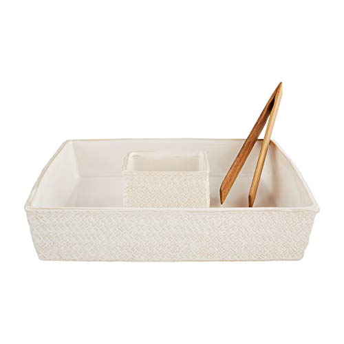 Mud Pie White Weave Chip And Dip Platter, dish 12" x 12" | tongs 7"