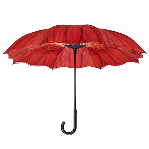 Galleria Reverse Close Stick Umbrella Red Daisy+-Art on both sides