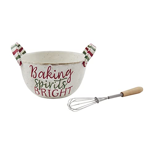 Mud Pie Farmhouse Christmas Mixing Bowl Set,Cup 3.874" H spatula 8", Cream