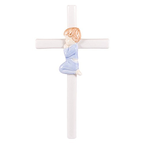 Roman Praying Blue in Blue 7.5 Inch Hand-Painted Glazed White Porcelain Wall Cross