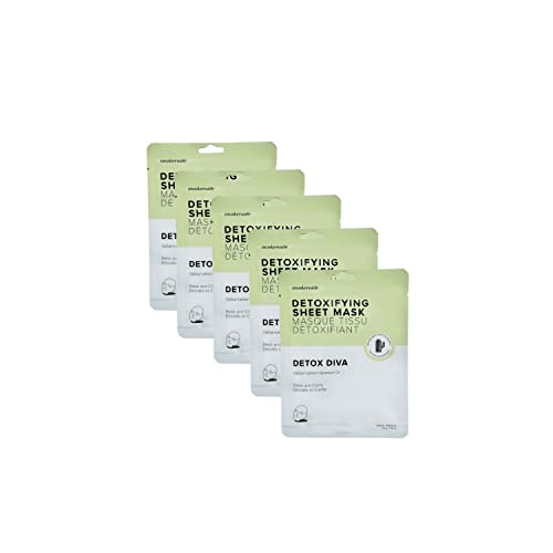 MaskerAide Detox Diva, Detoxifying Face Mask with Chinese Plum, Green Algae, Geranium Oil, Seaweed, Honey & Green Tea, for Acne & Blemishes, Exfoliate & Detoxify, Cruelty Free, Korean Skincare, 5 Pack