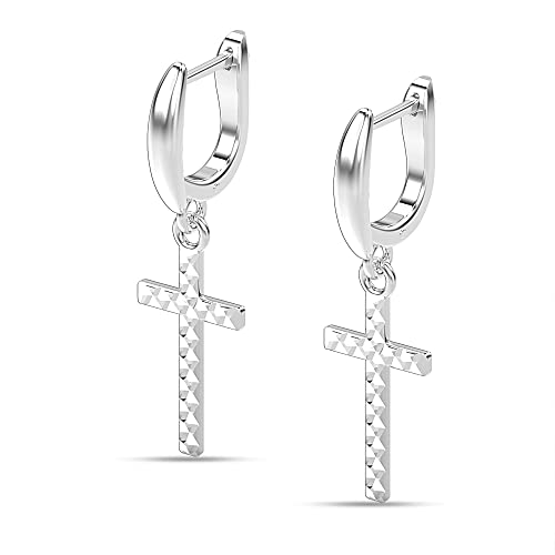 LeCalla 925 Sterling Silver Diamond-Cut Cross Tiny Huggie Religious Leverback Dangler Earrings for Women