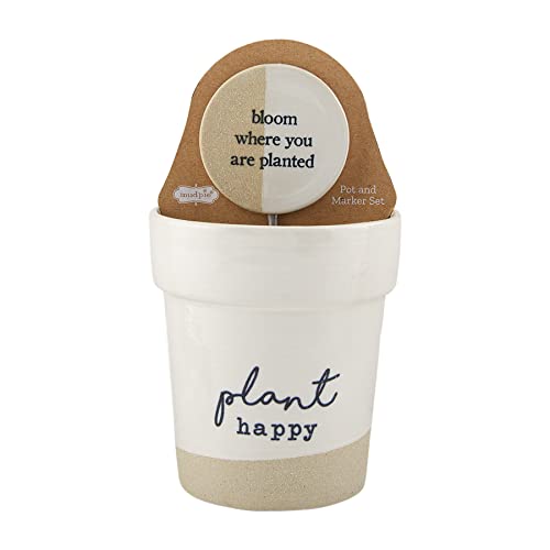 Mud Pie Pot Marker Set, Plant Happy, 4.5" H x top 4" x Bottom Dia 3", x Dia 4" x Dia 3", WHITE