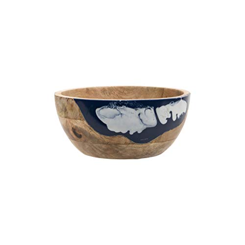 Foreside Home and Garden Blue White Marbled Resin and Wood Bowl