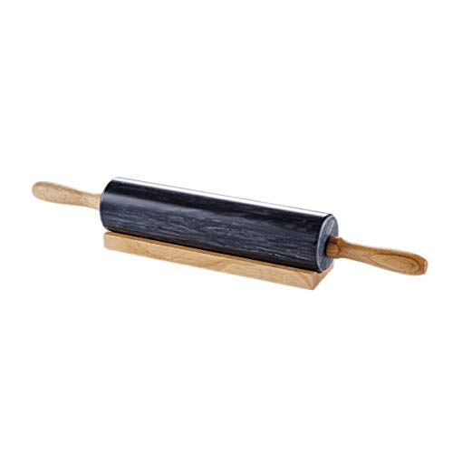 JEmarble Rolling Pin-Wooden Handles(Black)(Premium Quality) Polished Surface 18-inch(10"Barrel) Genuine Stone Non-stick Save Effort Easy to Clean