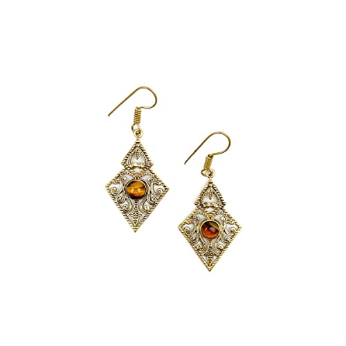 Anju Tanvi Earrings with Semiprecious Tiger-Eye Stone for Women, Gold-Plated