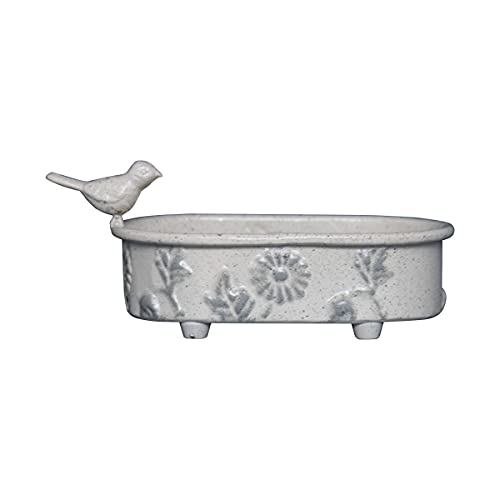 Foreside Home & Garden White Rustic Antique Floral Embossed Pattern Metal Bird Soap Dish