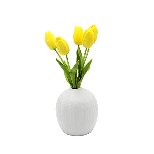 Flora Bunda Artificial Flowers Real Touch Yellow Tulips in 5 in H Ceramic Vase, 11.25 in H include. Matte White Vase, Potted Fake Tulips for Wedding Centerpiece Office Home Decorations (Vase Included)