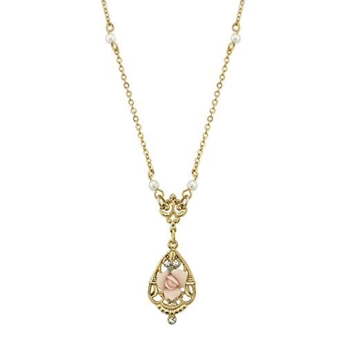 1928 Jewelry Porcelain Rose with Crystal Accent Necklace 17 Inch