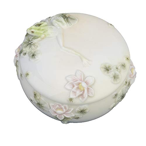 Unicorn Studio US 3.5 Inch Porcelain Keepsake Dish with Lid Frog and Lily Motif