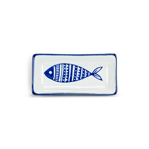 Abbott Collection  27-BLUEFISH-362 Multi Fish Sm Rect Sauce Dish-3.5" L, 1 EA, Blue/White